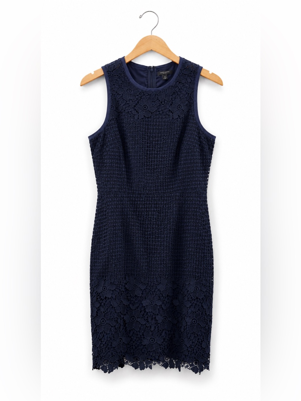 Ann Taylor Navy Lace Sheath Dress Petite 4P Sleeveless Floral Lace Career Chic